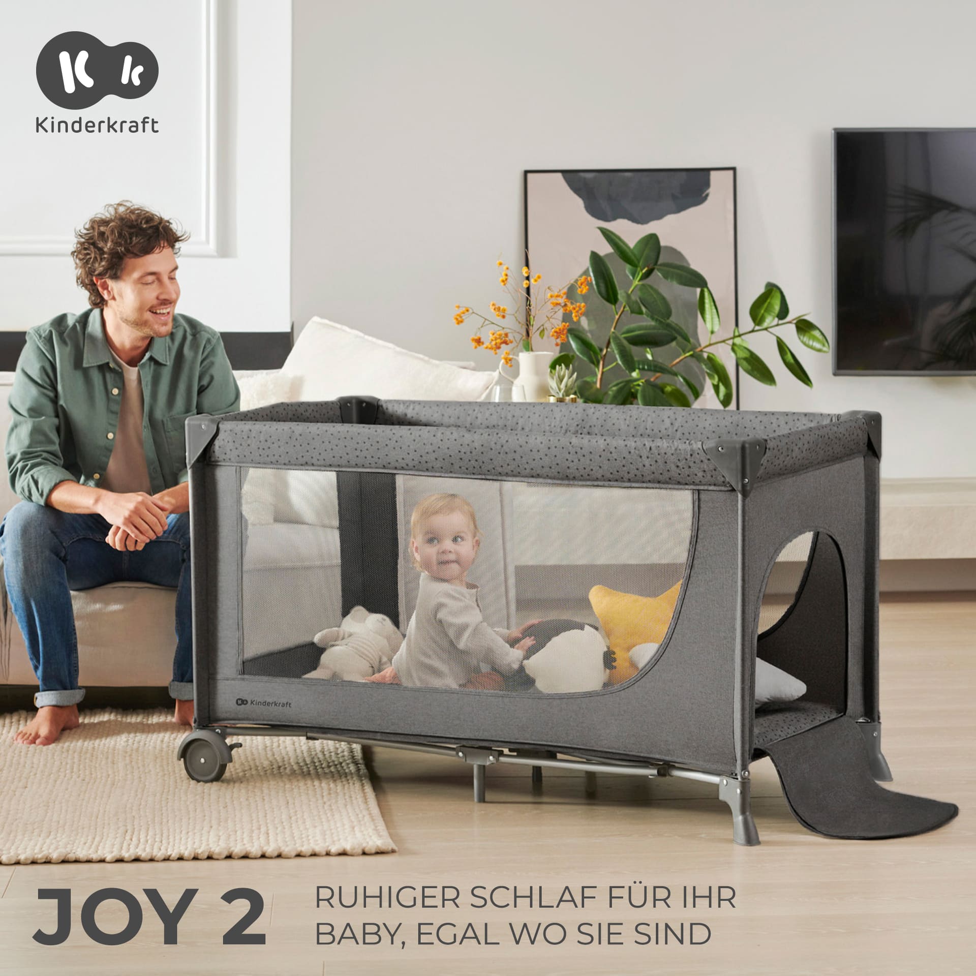 Kinderkraft Reisebett 3in1 JOY 2 Beige inkl. Wickelauflage und Zubehör