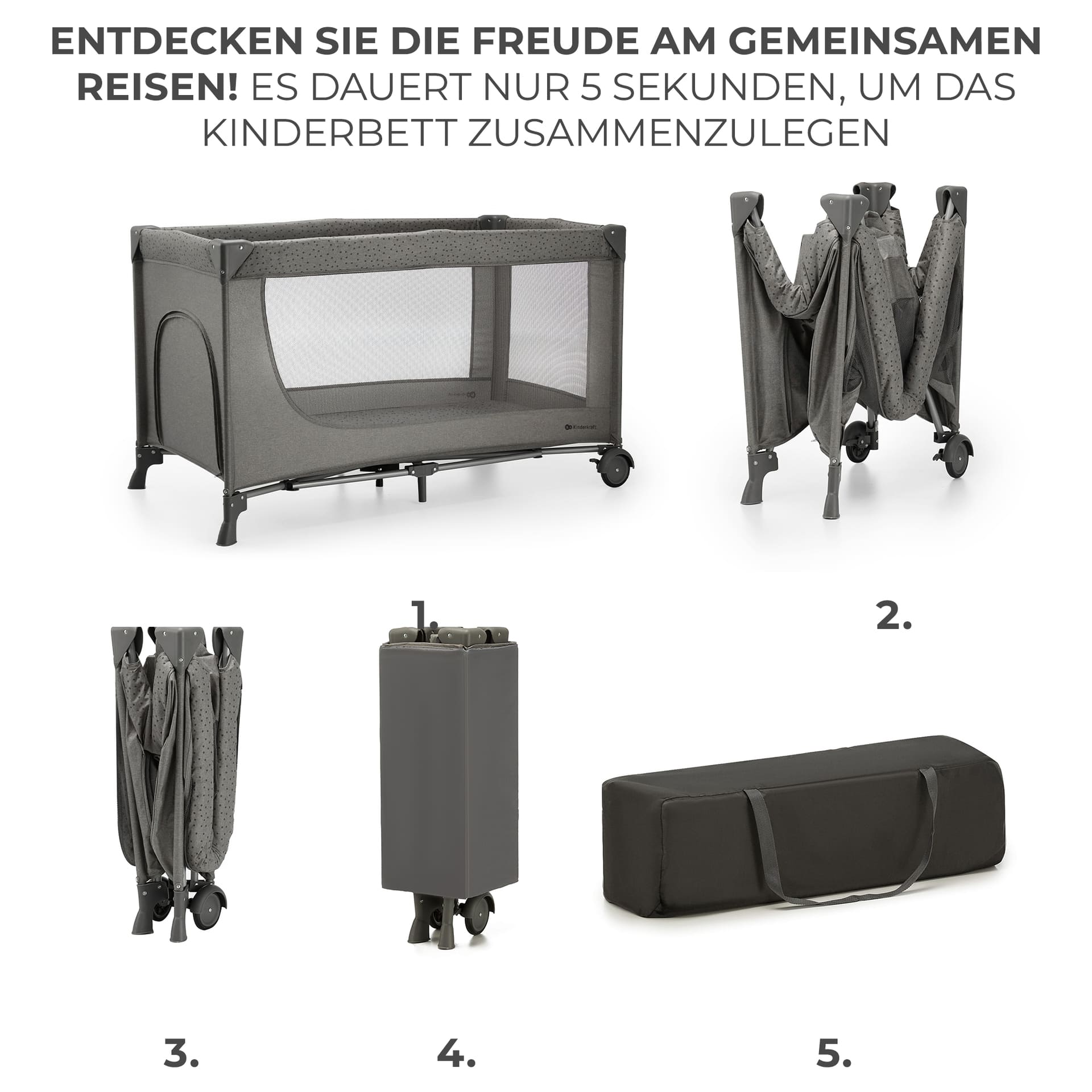 Kinderkraft Reisebett 3in1 JOY 2 Grey inkl. Wickelauflage und Zubehör