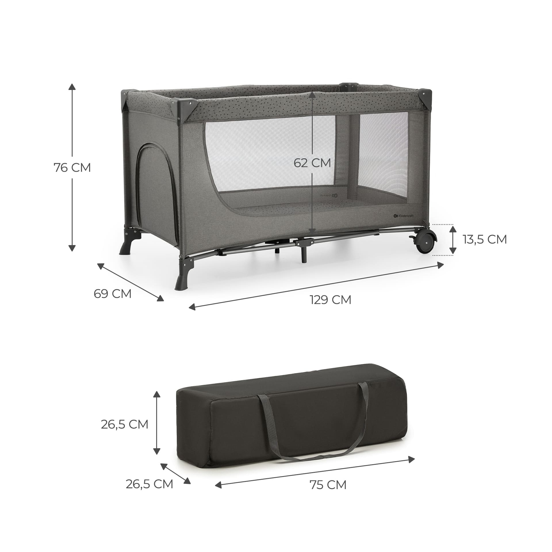 Kinderkraft Reisebett 3in1 JOY 2 Grey inkl. Wickelauflage und Zubehör