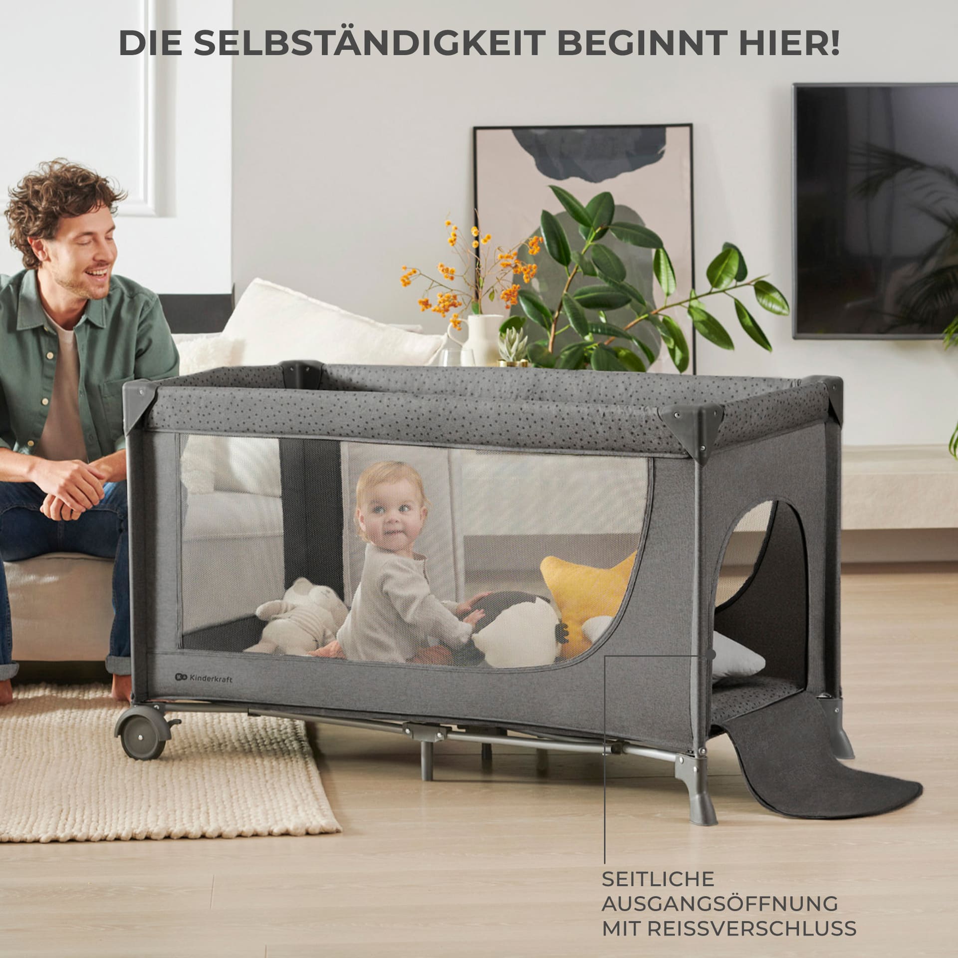 Kinderkraft Reisebett 3in1 JOY 2 Grey inkl. Wickelauflage und Zubehör