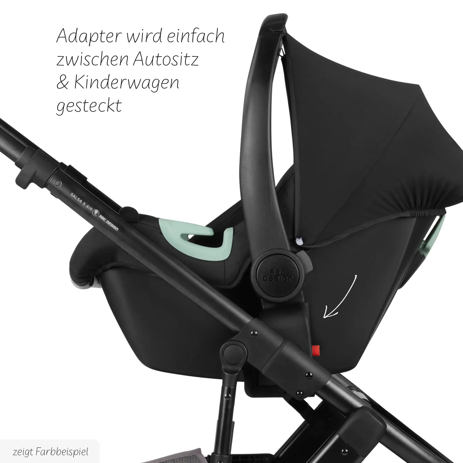 seitenansicht der babyschale auf dem kinderwagengestell